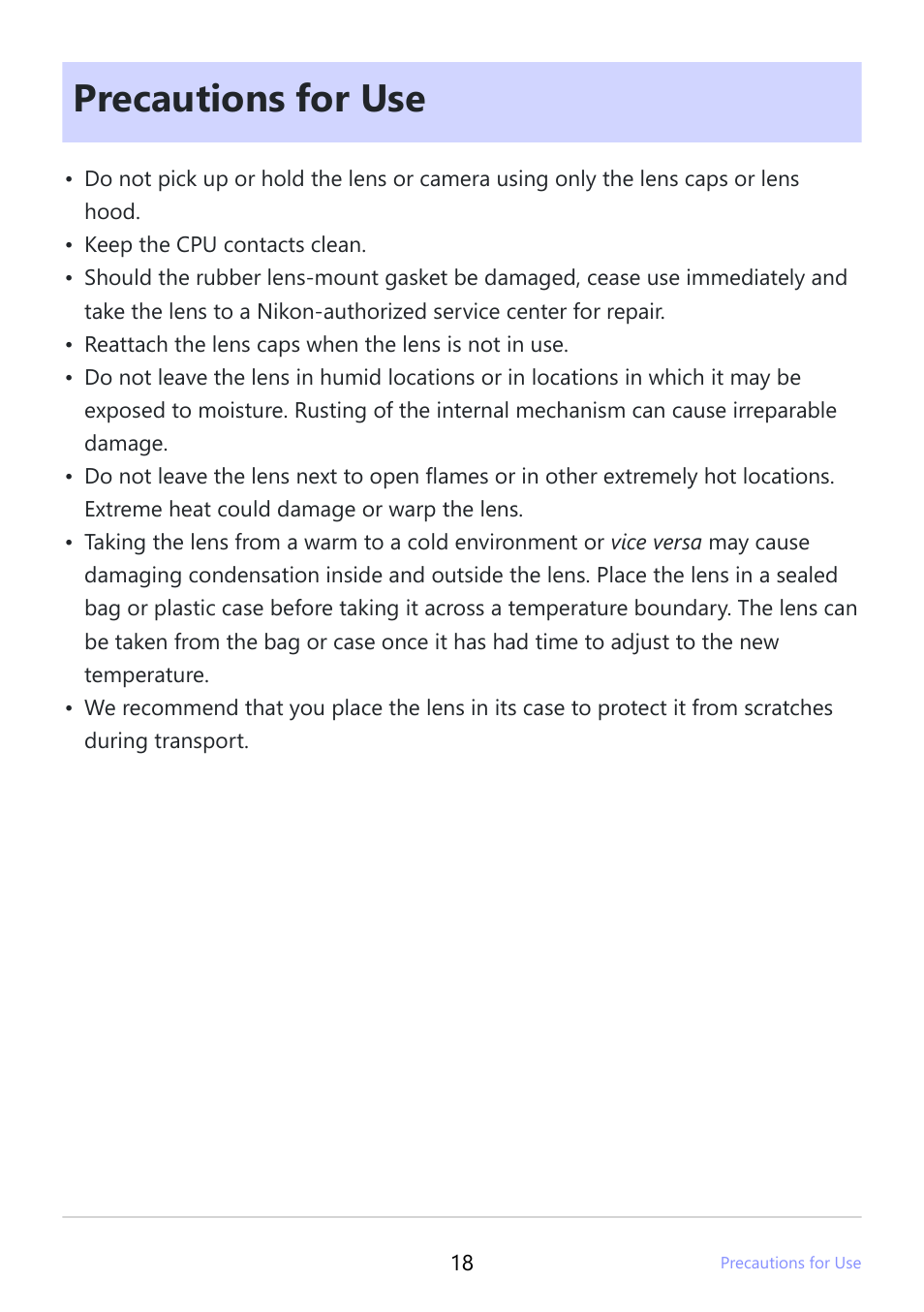 Precautions for use | Nikon NIKKOR Z 24-120mm f/4 S Lens (Z) User Manual | Page 18 / 27