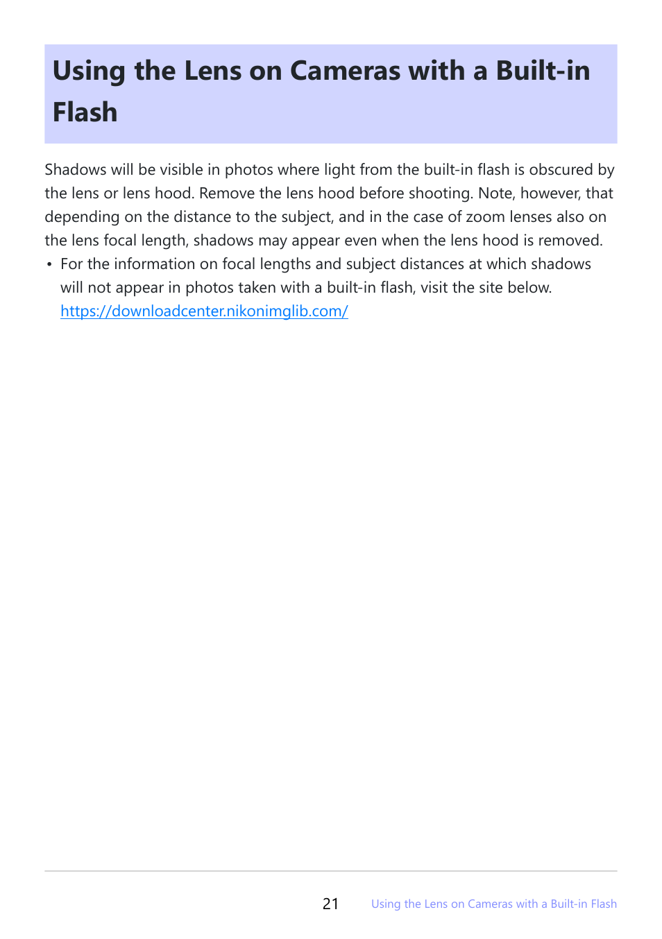 Using the lens on cameras with a built-in flash | Nikon NIKKOR Z 24-120mm f/4 S Lens (Z) User Manual | Page 21 / 27