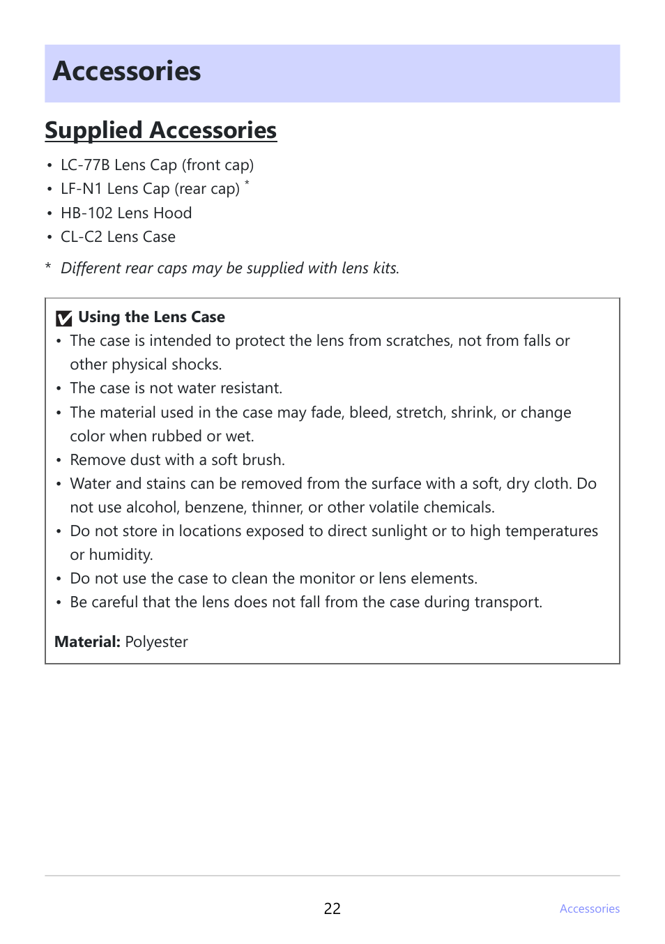 Accessories, Supplied accessories | Nikon NIKKOR Z 24-120mm f/4 S Lens (Z) User Manual | Page 22 / 27