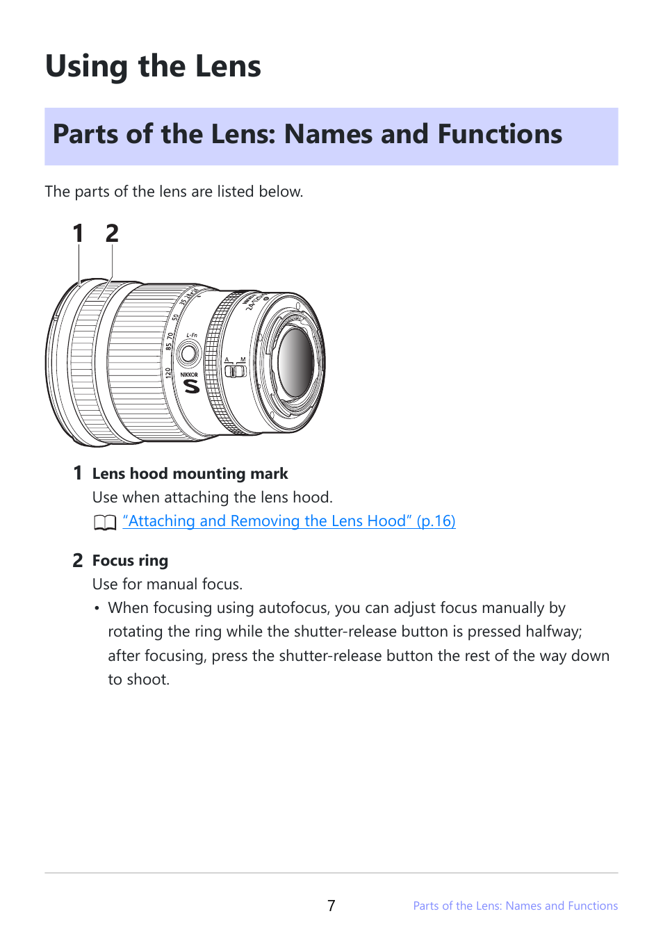 Using the lens, Parts of the lens: names and functions | Nikon NIKKOR Z 24-120mm f/4 S Lens (Z) User Manual | Page 7 / 27