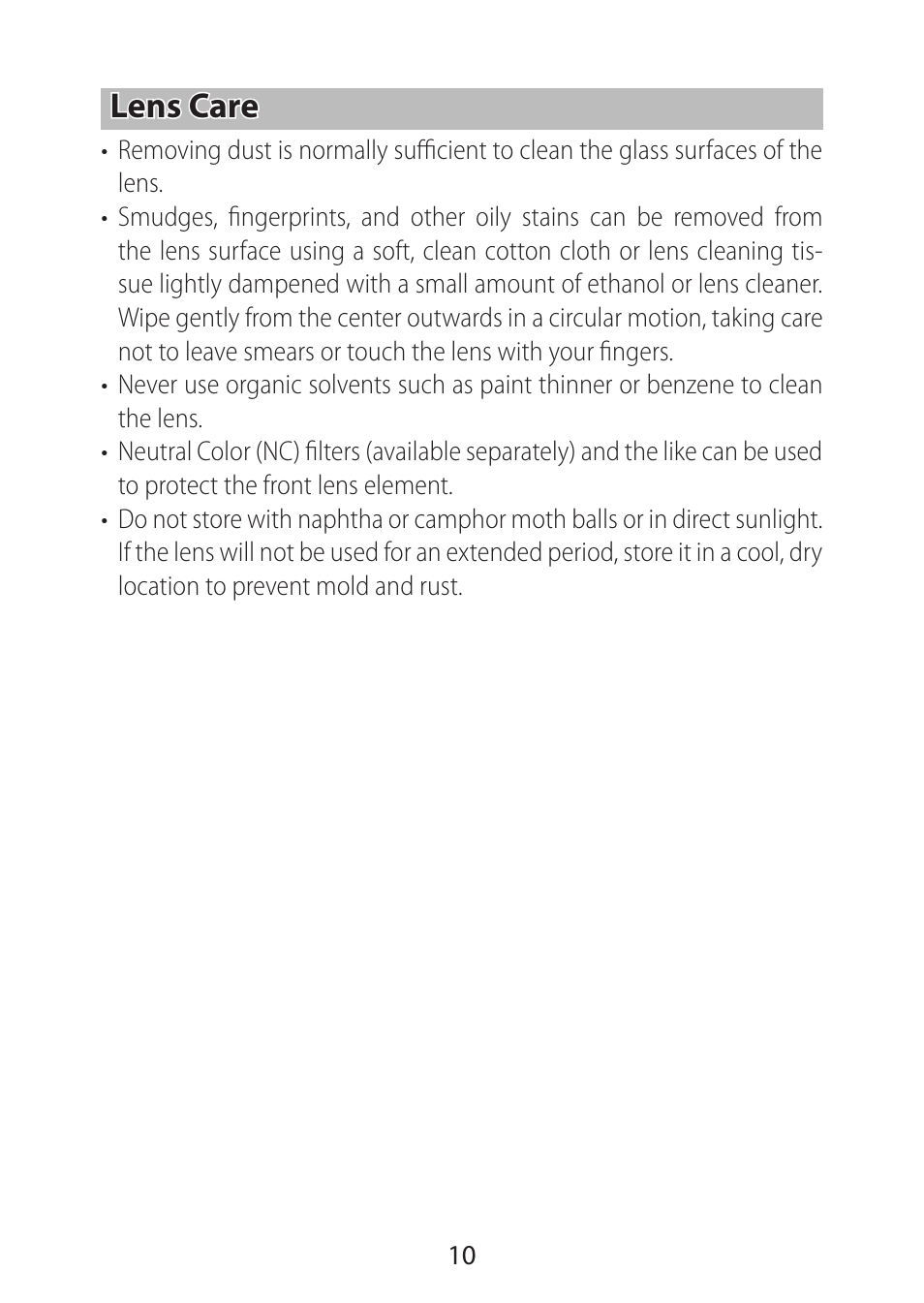 Lens care | Nikon NIKKOR Z 28mm f/2.8 (SE) Lens User Manual | Page 10 / 12
