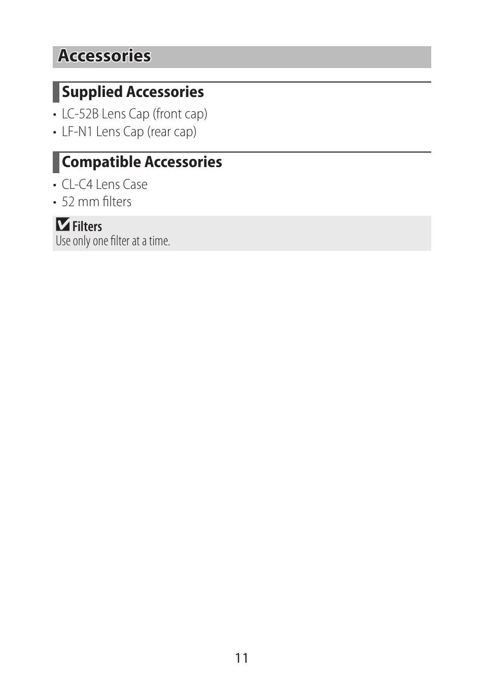 Accessories, Supplied accessories, Compatible accessories | Nikon NIKKOR Z 28mm f/2.8 (SE) Lens User Manual | Page 11 / 12