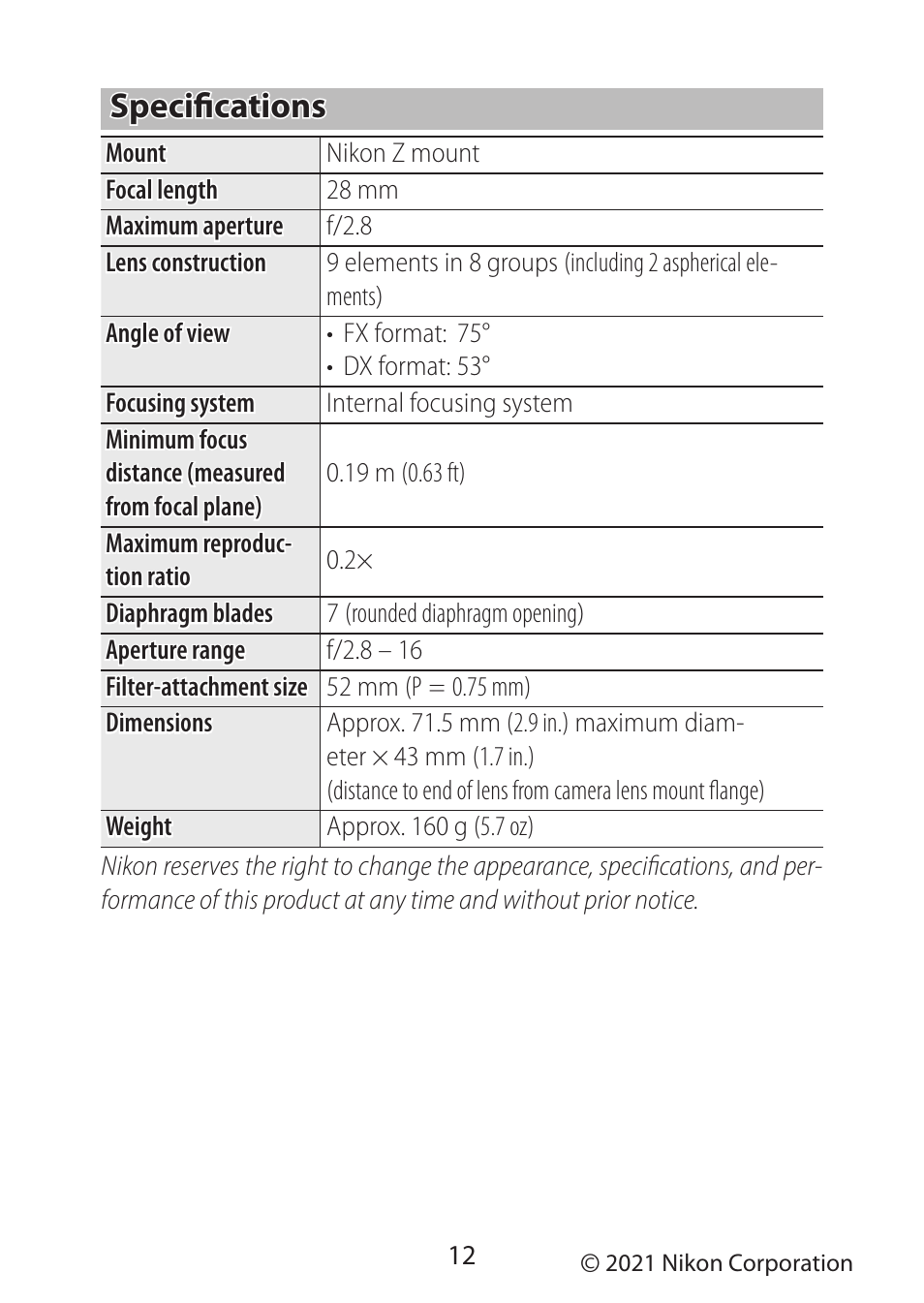 Specififications, Specifications | Nikon NIKKOR Z 28mm f/2.8 (SE) Lens User Manual | Page 12 / 12