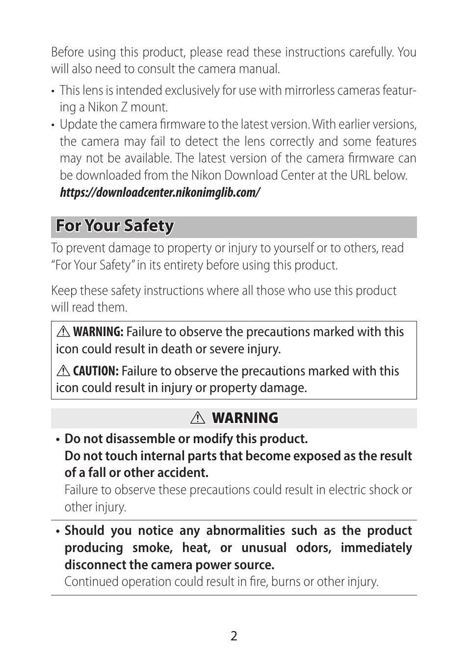 For your safety | Nikon NIKKOR Z 28mm f/2.8 (SE) Lens User Manual | Page 2 / 12