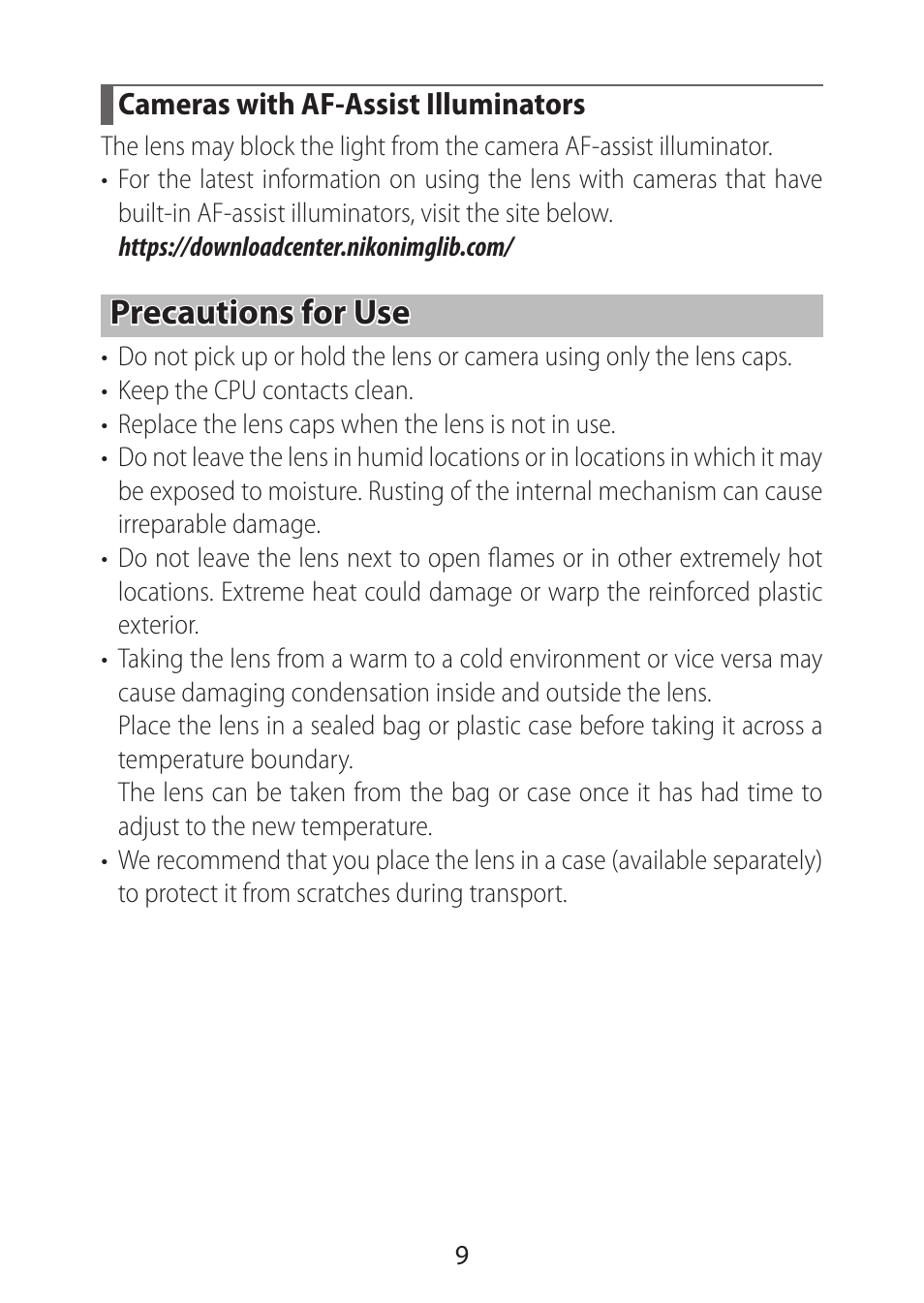 Cameras with af-assist illuminators, Precautions for use | Nikon NIKKOR Z 28mm f/2.8 (SE) Lens User Manual | Page 9 / 12
