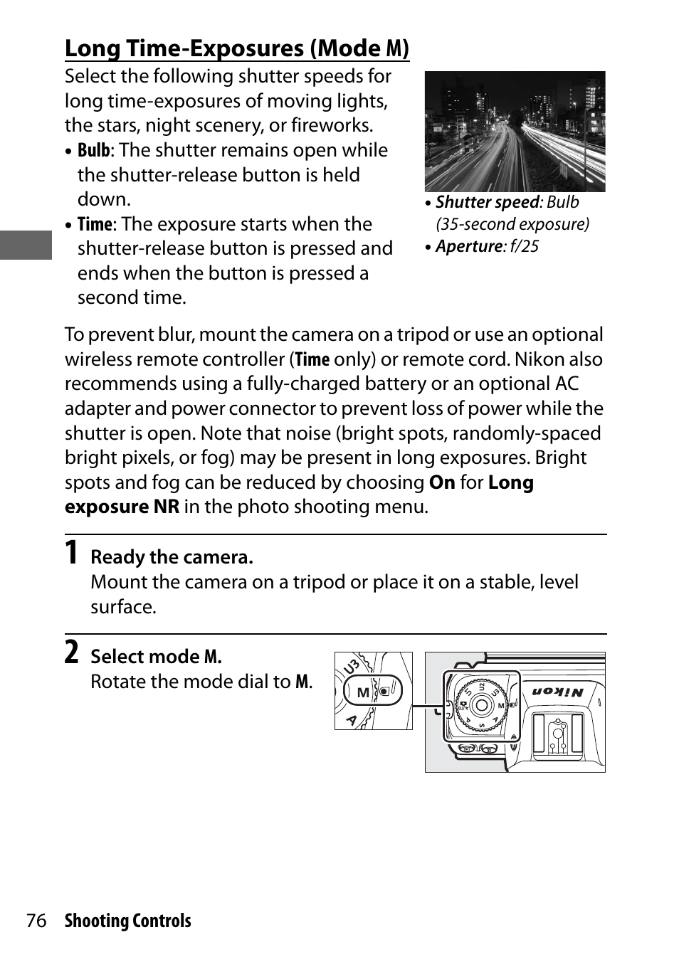 Long time-exposures (mode m), 76). aper, Long time-exposures (mode m ) | Nikon NIKKOR Z 70-200mm f/2.8 VR S Lens User Manual | Page 100 / 272
