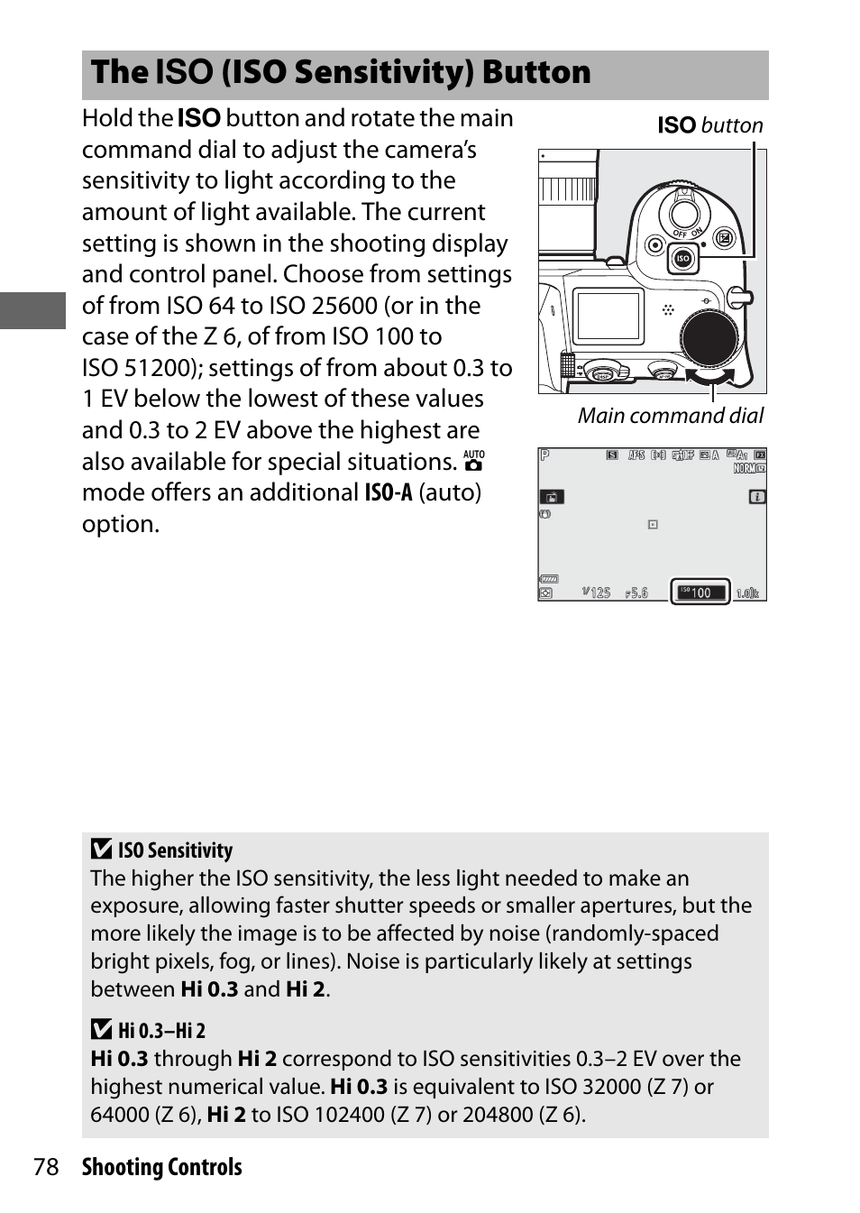 The iso (iso sensitivity) button, The s (iso sensitivity) button | Nikon NIKKOR Z 70-200mm f/2.8 VR S Lens User Manual | Page 102 / 272