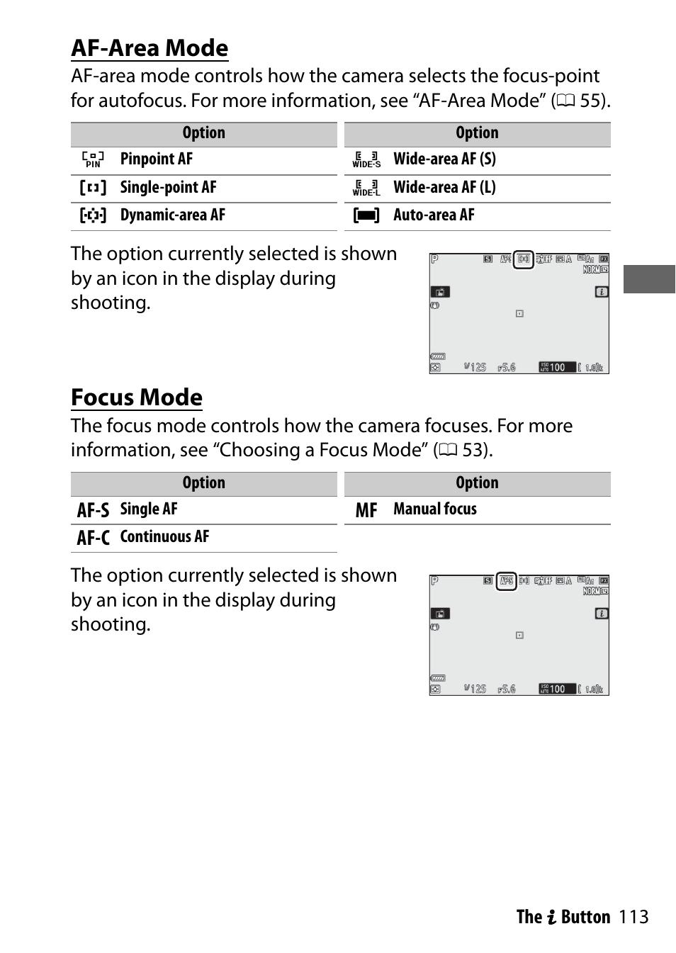 Af-area mode, Focus mode | Nikon NIKKOR Z 70-200mm f/2.8 VR S Lens User Manual | Page 137 / 272