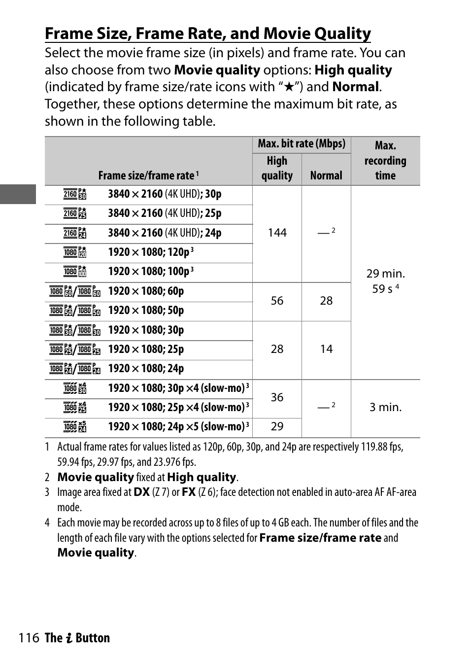 Frame size, frame rate, and movie quality, Y/ y, Z/ z | Nikon NIKKOR Z 70-200mm f/2.8 VR S Lens User Manual | Page 140 / 272