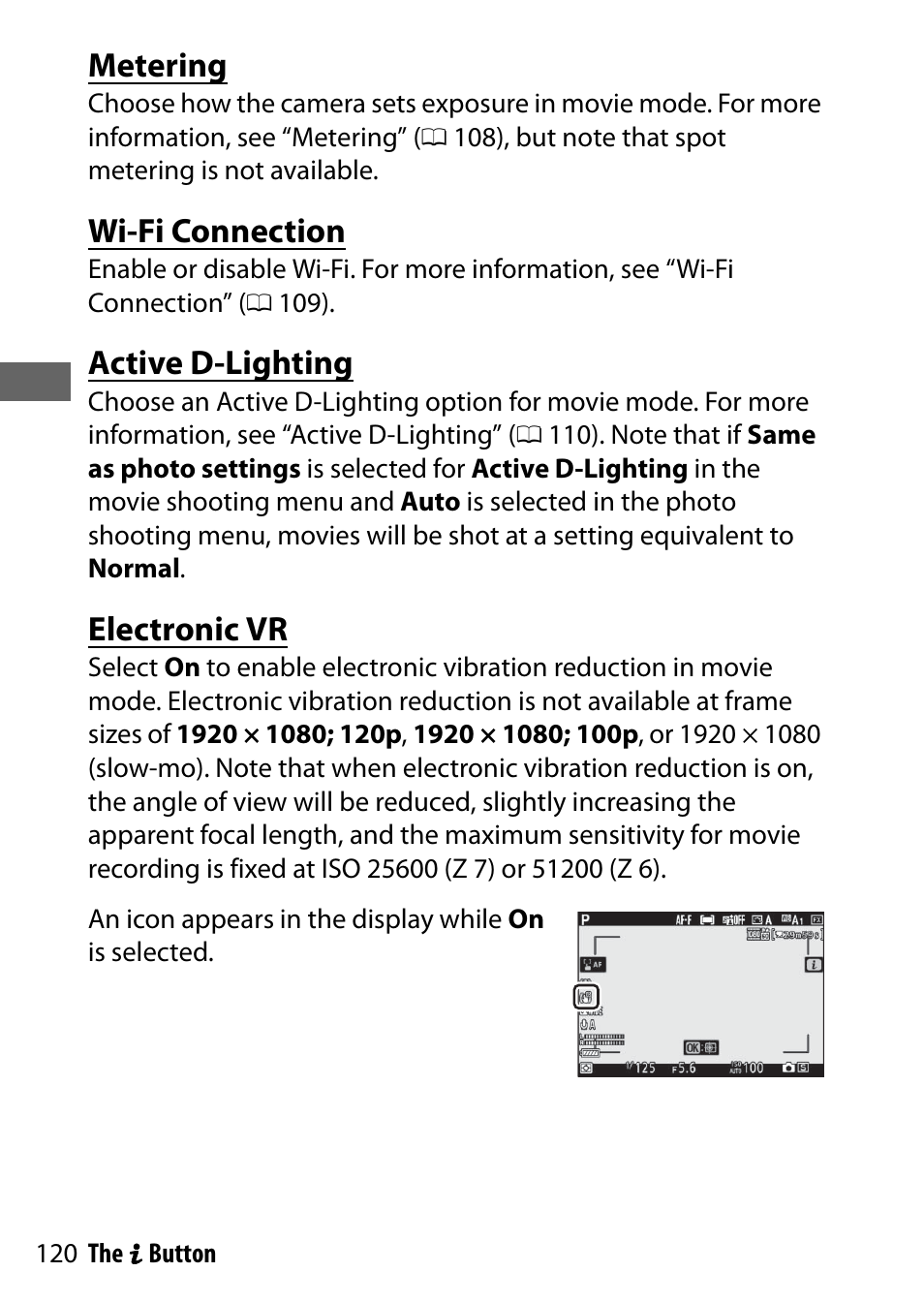 Metering, Wi-fi connection, Active d-lighting | Electronic vr | Nikon NIKKOR Z 70-200mm f/2.8 VR S Lens User Manual | Page 144 / 272