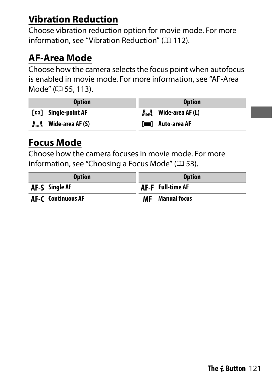 Vibration reduction, Af-area mode, Focus mode | Nikon NIKKOR Z 70-200mm f/2.8 VR S Lens User Manual | Page 145 / 272