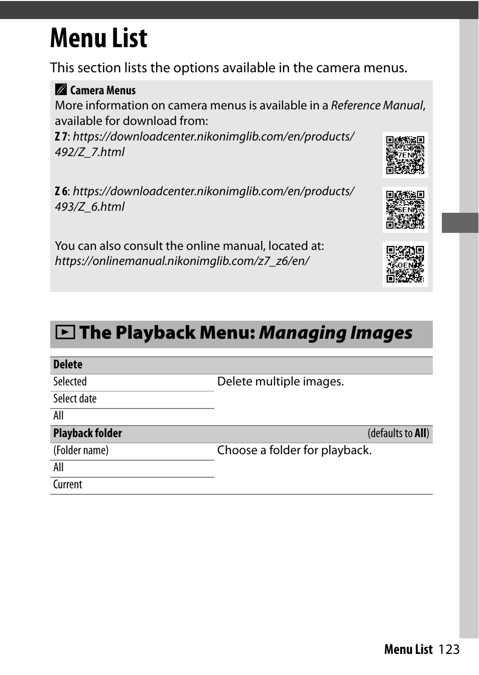 Menu list, The playback menu: managing images, Delete | Playback folder, Dthe playback menu: managing images | Nikon NIKKOR Z 70-200mm f/2.8 VR S Lens User Manual | Page 147 / 272