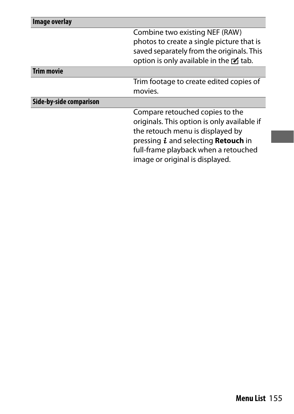 Image overlay, Trim movie, Side-by-side comparison | 155 menu list | Nikon NIKKOR Z 70-200mm f/2.8 VR S Lens User Manual | Page 179 / 272