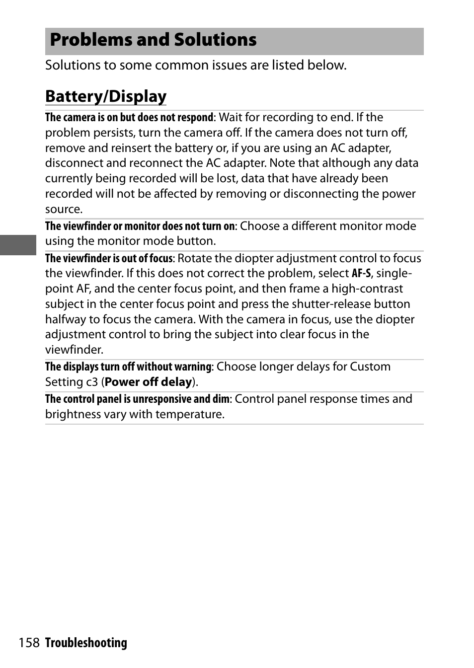 Problems and solutions, Battery/display | Nikon NIKKOR Z 70-200mm f/2.8 VR S Lens User Manual | Page 182 / 272