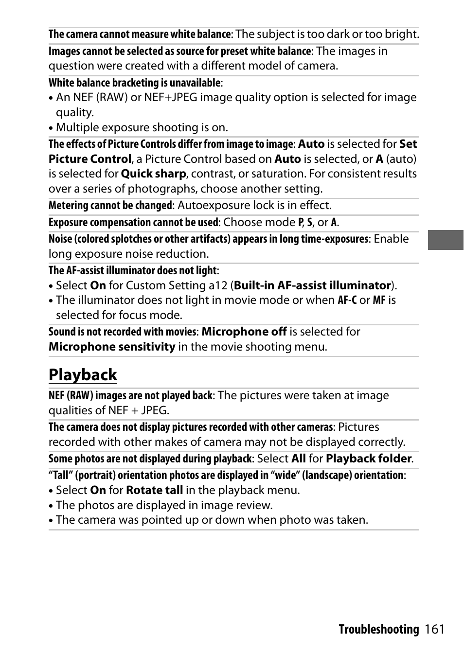 Playback, 161 troubleshooting | Nikon NIKKOR Z 70-200mm f/2.8 VR S Lens User Manual | Page 185 / 272