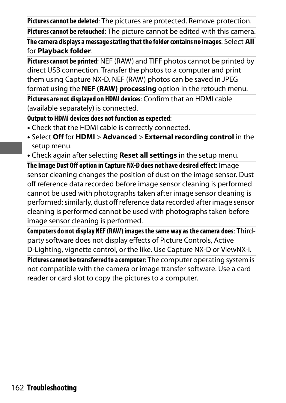 162 troubleshooting | Nikon NIKKOR Z 70-200mm f/2.8 VR S Lens User Manual | Page 186 / 272