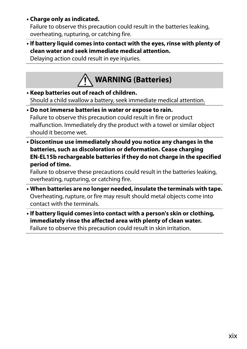 Warning (batteries) | Nikon NIKKOR Z 70-200mm f/2.8 VR S Lens User Manual | Page 21 / 272