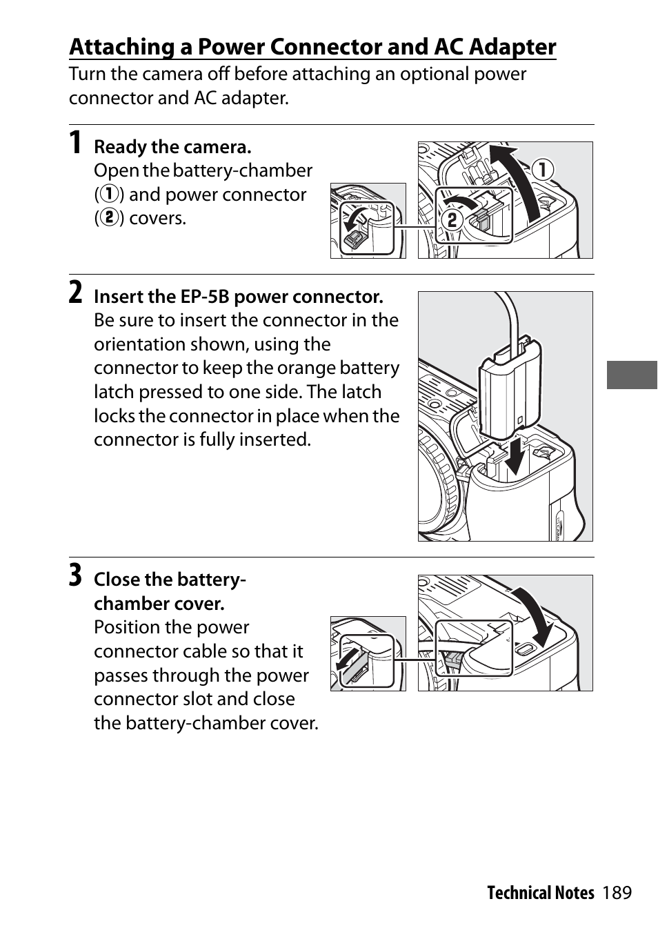 Attaching a power connector and ac adapter, 189) f | Nikon NIKKOR Z 70-200mm f/2.8 VR S Lens User Manual | Page 213 / 272