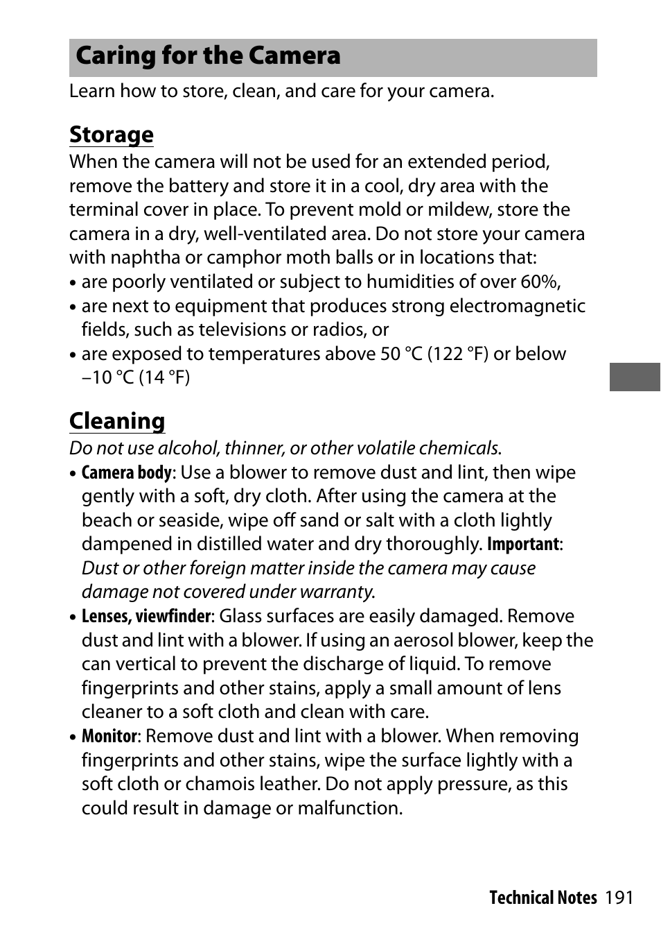 Caring for the camera, Storage, Cleaning | Nikon NIKKOR Z 70-200mm f/2.8 VR S Lens User Manual | Page 215 / 272