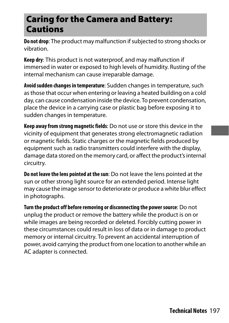 Caring for the camera and battery: cautions | Nikon NIKKOR Z 70-200mm f/2.8 VR S Lens User Manual | Page 221 / 272