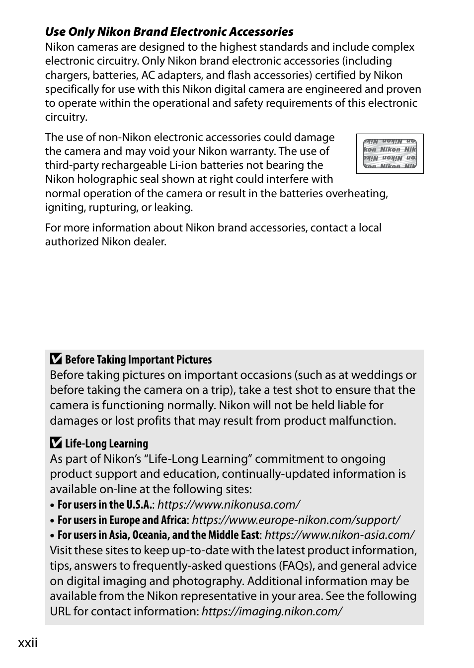 Xxii | Nikon NIKKOR Z 70-200mm f/2.8 VR S Lens User Manual | Page 24 / 272