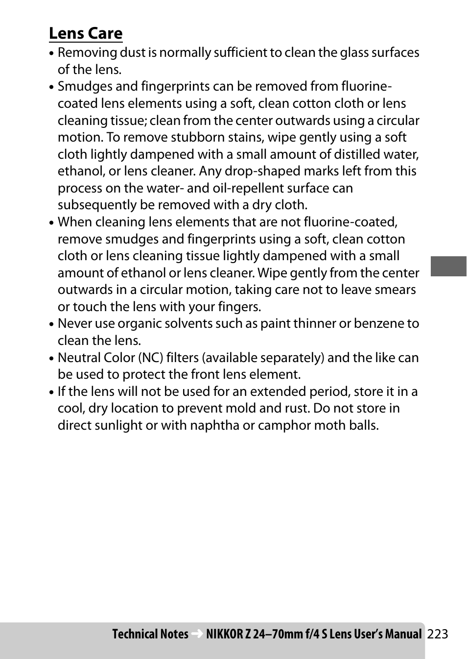 Lens care | Nikon NIKKOR Z 70-200mm f/2.8 VR S Lens User Manual | Page 247 / 272