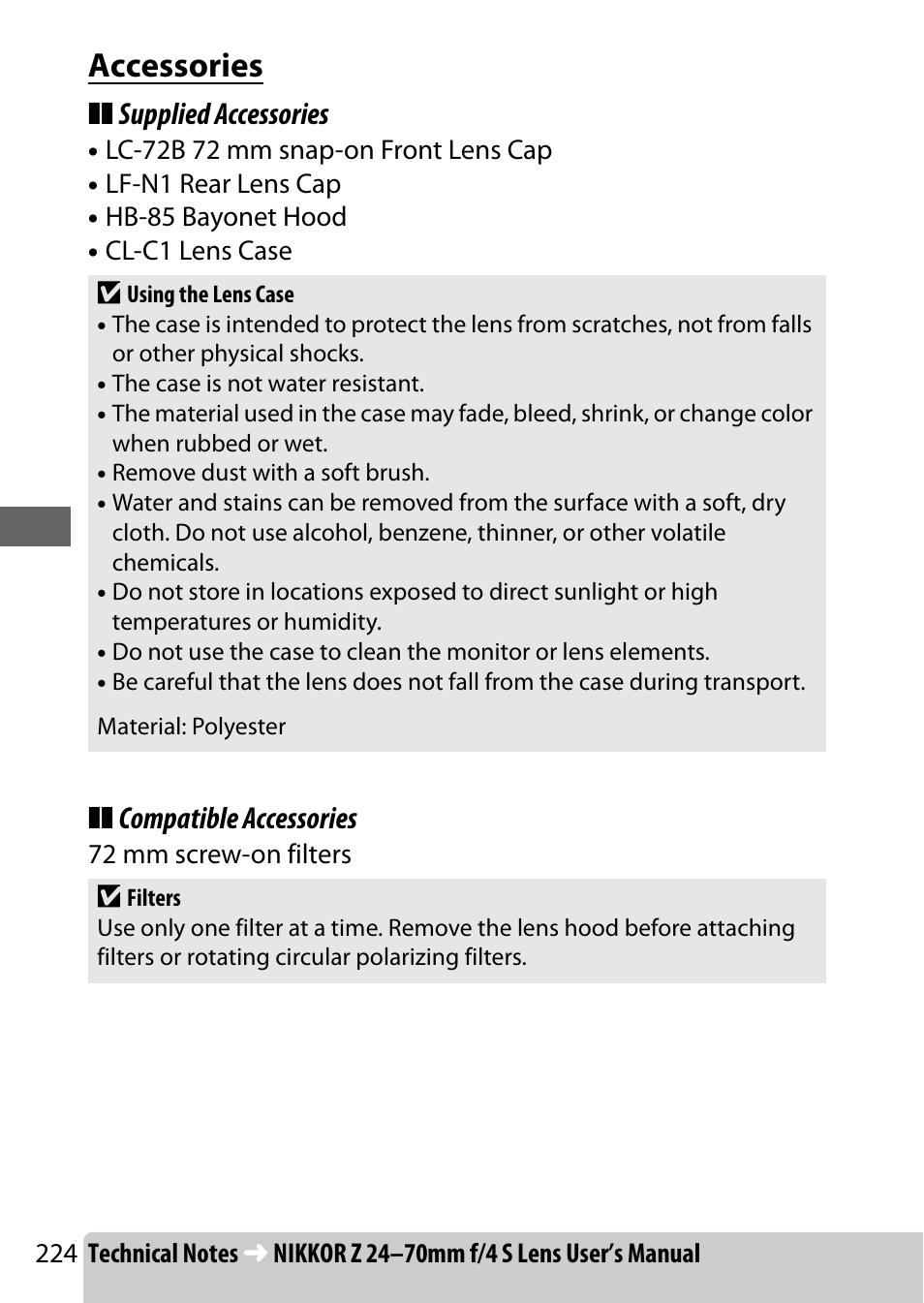 Accessories, Supplied accessories, Compatible accessories | Nikon NIKKOR Z 70-200mm f/2.8 VR S Lens User Manual | Page 248 / 272