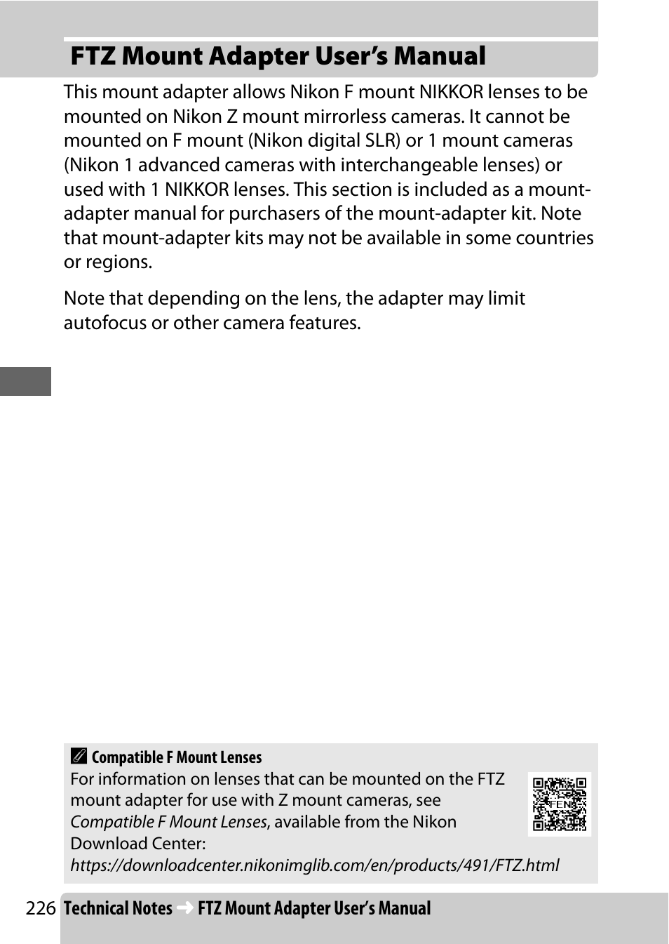 Ftz mount adapter user’s manual | Nikon NIKKOR Z 70-200mm f/2.8 VR S Lens User Manual | Page 250 / 272