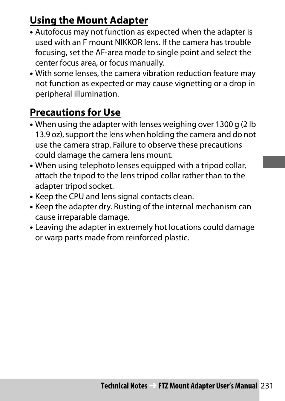 Using the mount adapter, Precautions for use | Nikon NIKKOR Z 70-200mm f/2.8 VR S Lens User Manual | Page 255 / 272