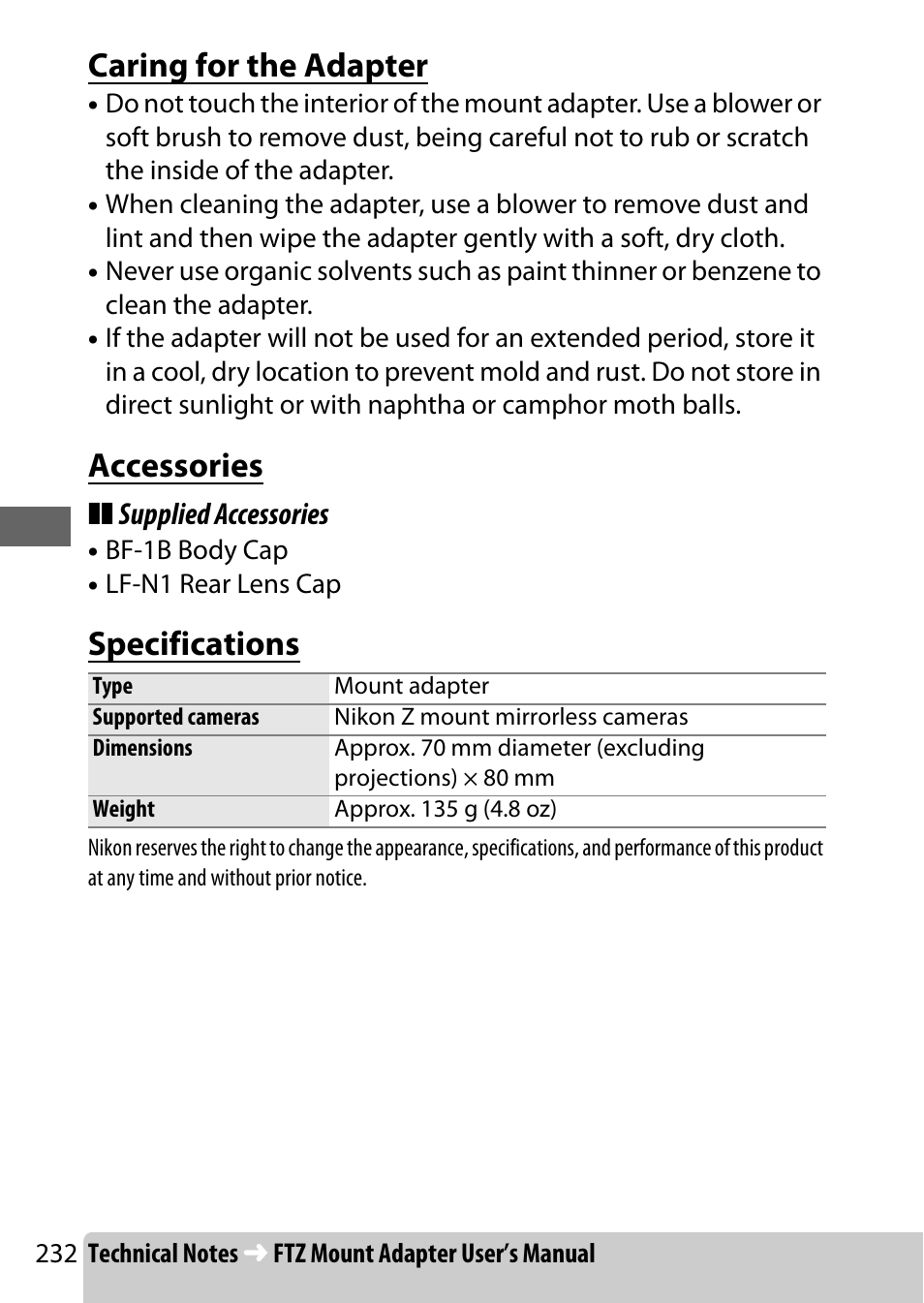 Caring for the adapter, Accessories, Specifications | Nikon NIKKOR Z 70-200mm f/2.8 VR S Lens User Manual | Page 256 / 272