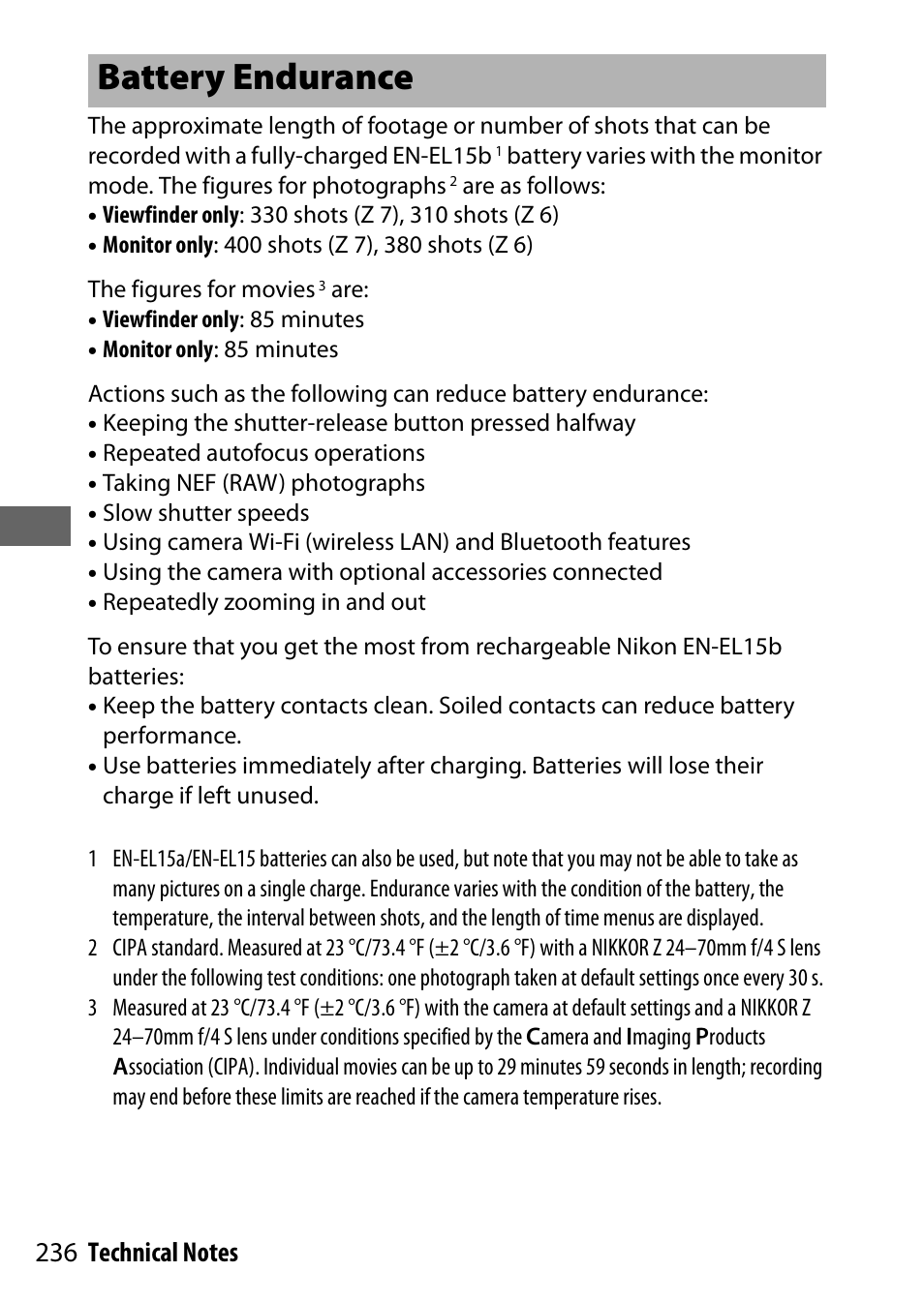 Battery endurance | Nikon NIKKOR Z 70-200mm f/2.8 VR S Lens User Manual | Page 260 / 272