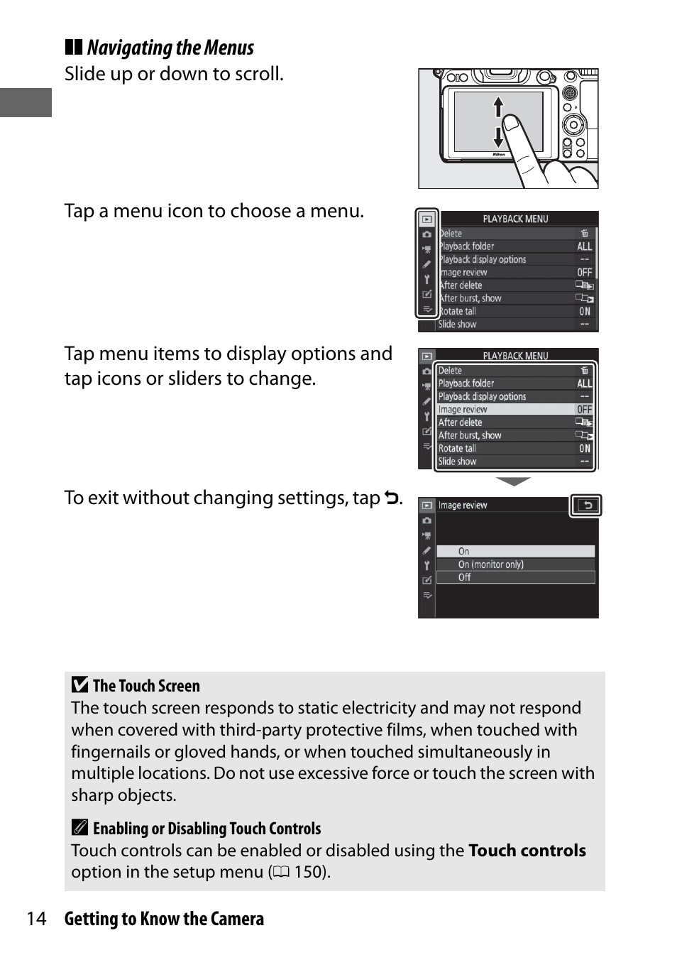 Navigating the menus | Nikon NIKKOR Z 70-200mm f/2.8 VR S Lens User Manual | Page 38 / 272