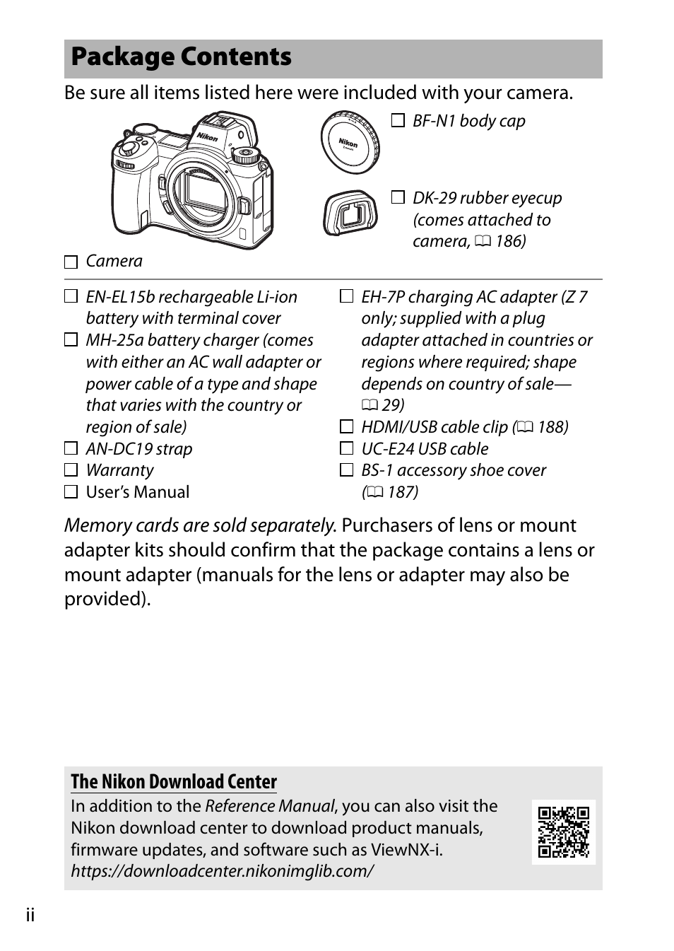 Package contents, The nikon download center | Nikon NIKKOR Z 70-200mm f/2.8 VR S Lens User Manual | Page 4 / 272