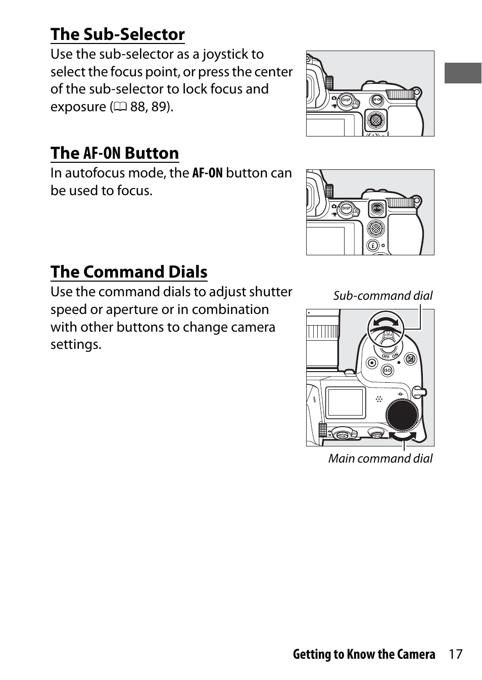 The sub-selector, The af-on button, The command dials | Nikon NIKKOR Z 70-200mm f/2.8 VR S Lens User Manual | Page 41 / 272