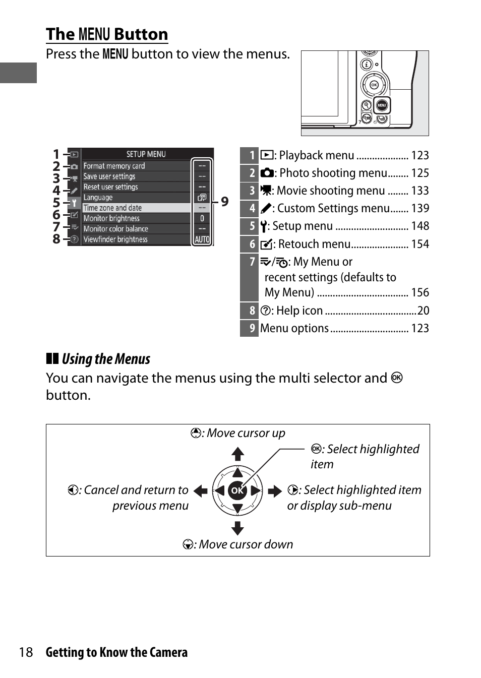 The menu button, The g button, Using the menus | Nikon NIKKOR Z 70-200mm f/2.8 VR S Lens User Manual | Page 42 / 272