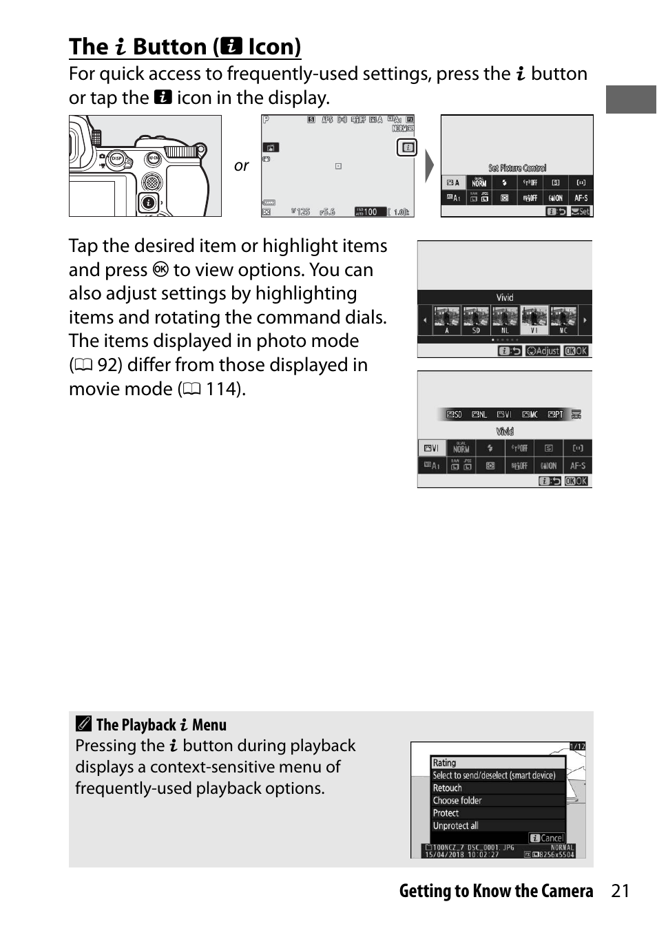 The i button (i icon), The i button ( i icon) | Nikon NIKKOR Z 70-200mm f/2.8 VR S Lens User Manual | Page 45 / 272