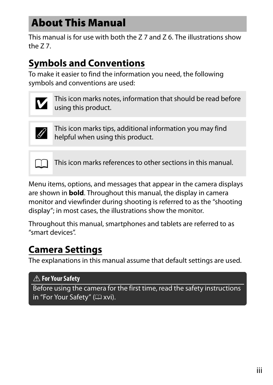 About this manual, Symbols and conventions, Camera settings | Nikon NIKKOR Z 70-200mm f/2.8 VR S Lens User Manual | Page 5 / 272