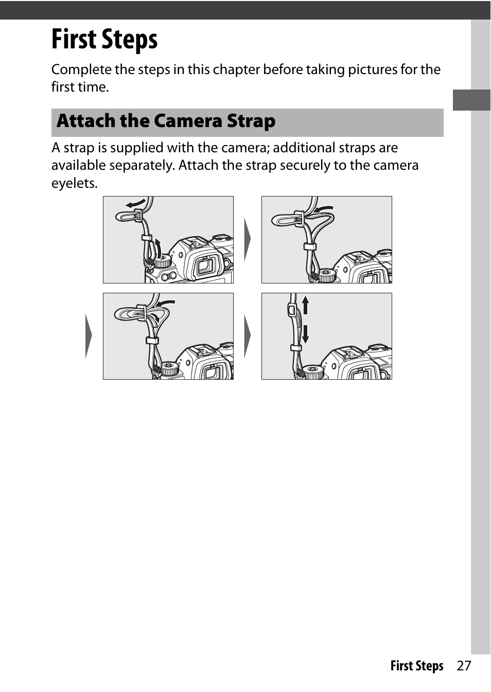 First steps, Attach the camera strap | Nikon NIKKOR Z 70-200mm f/2.8 VR S Lens User Manual | Page 51 / 272