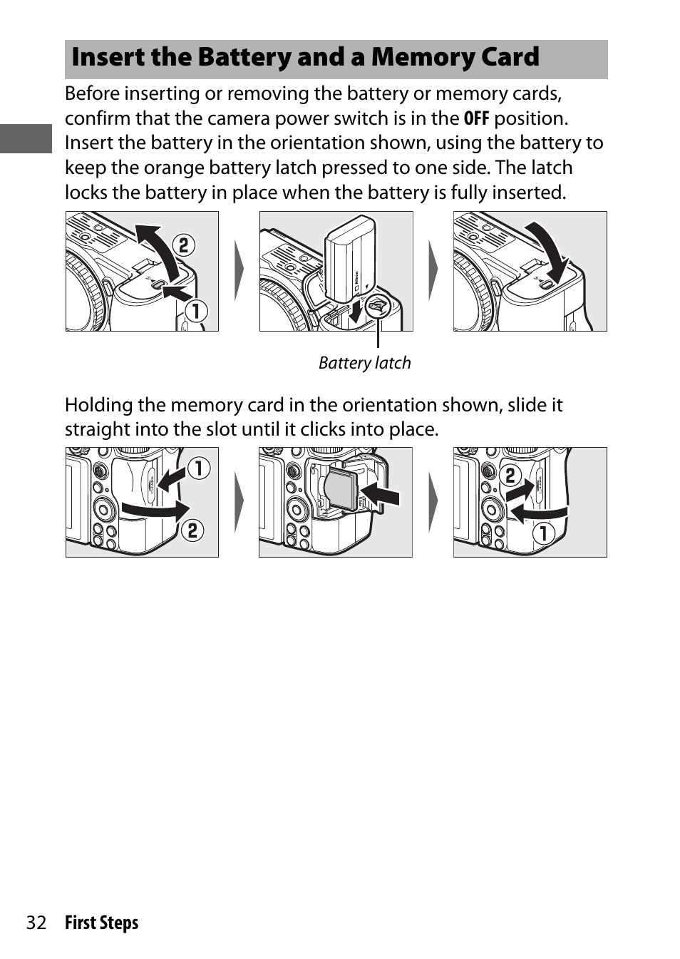 Insert the battery and a memory card | Nikon NIKKOR Z 70-200mm f/2.8 VR S Lens User Manual | Page 56 / 272