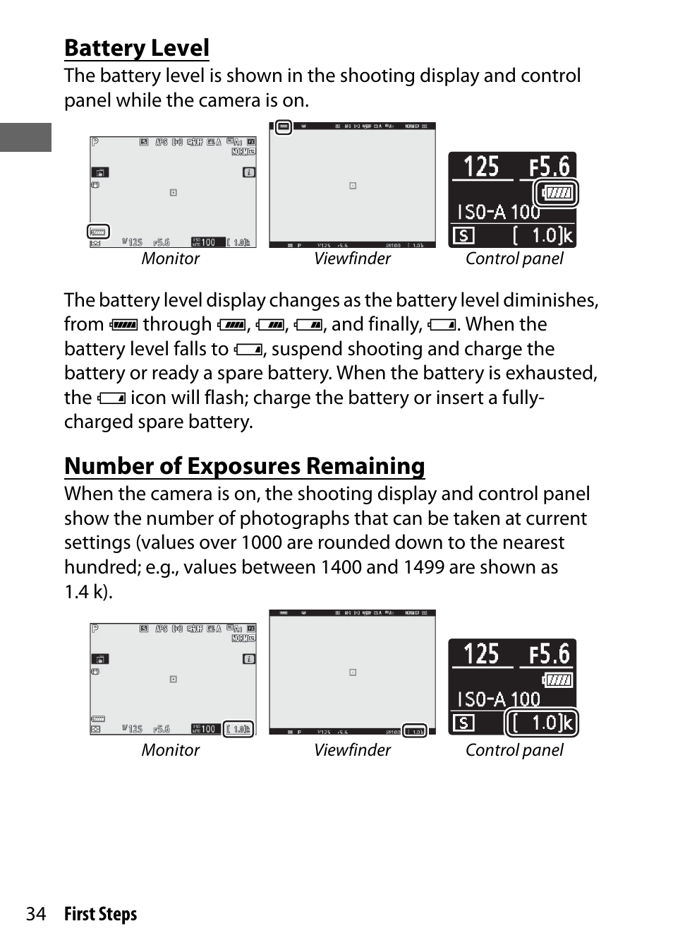 Battery level, Number of exposures remaining | Nikon NIKKOR Z 70-200mm f/2.8 VR S Lens User Manual | Page 58 / 272