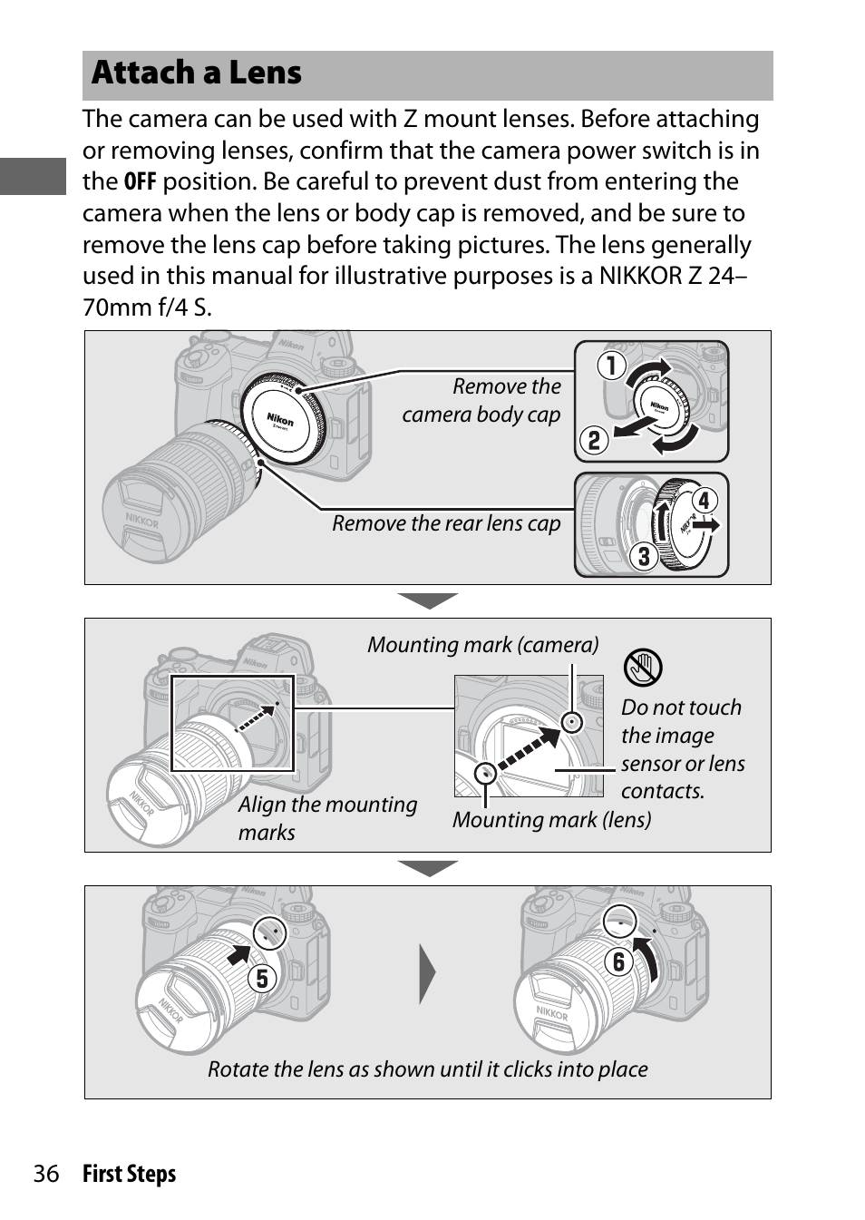 Attach a lens | Nikon NIKKOR Z 70-200mm f/2.8 VR S Lens User Manual | Page 60 / 272