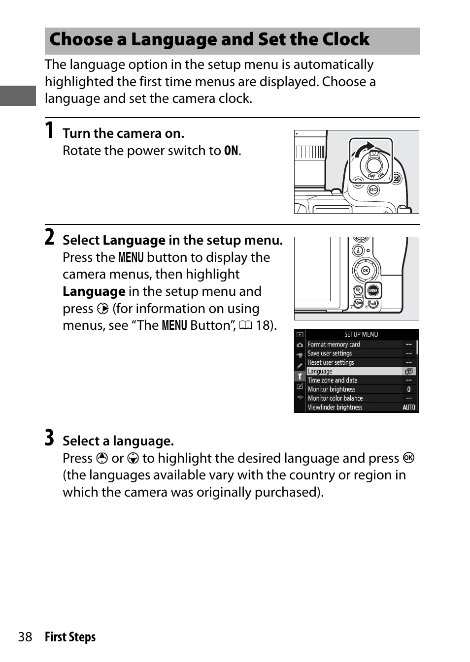 Choose a language and set the clock | Nikon NIKKOR Z 70-200mm f/2.8 VR S Lens User Manual | Page 62 / 272