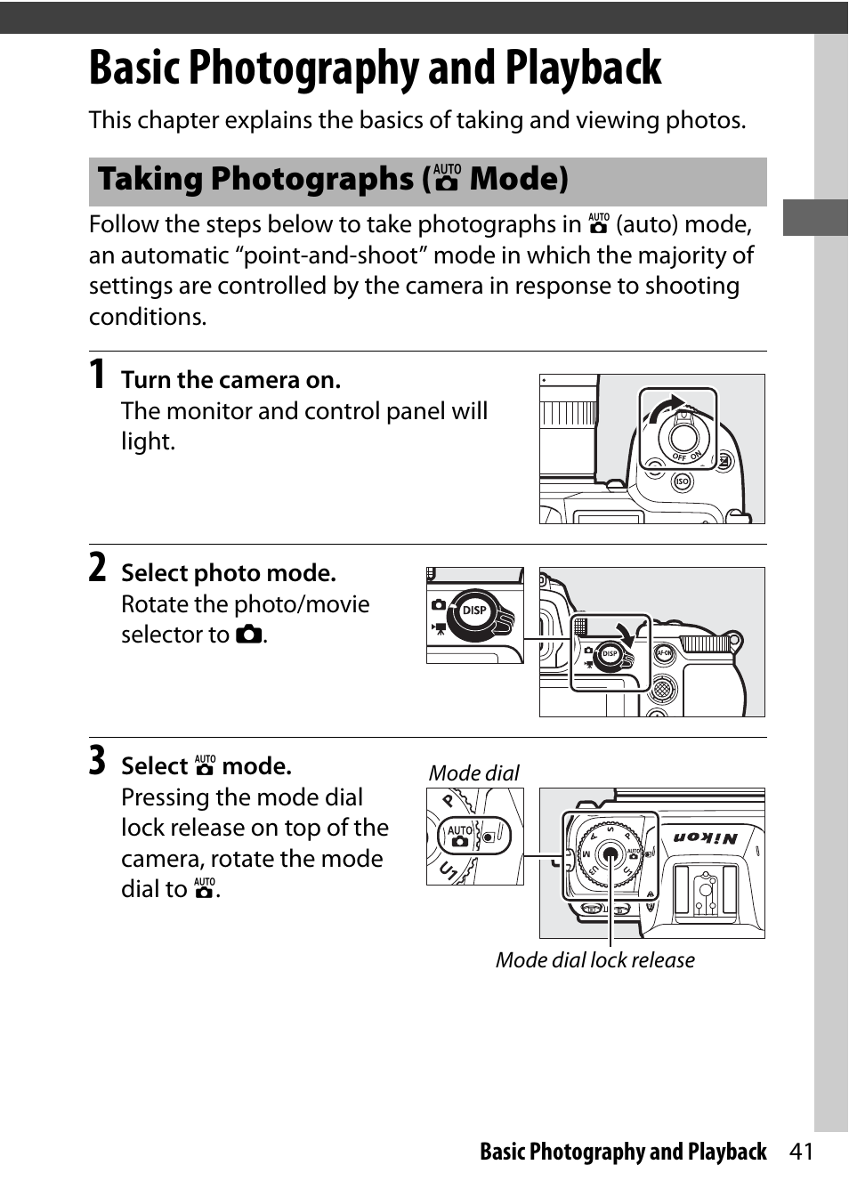 Basic photography and playback, Taking photographs (auto mode), Taking photographs ( b mode) | Nikon NIKKOR Z 70-200mm f/2.8 VR S Lens User Manual | Page 65 / 272