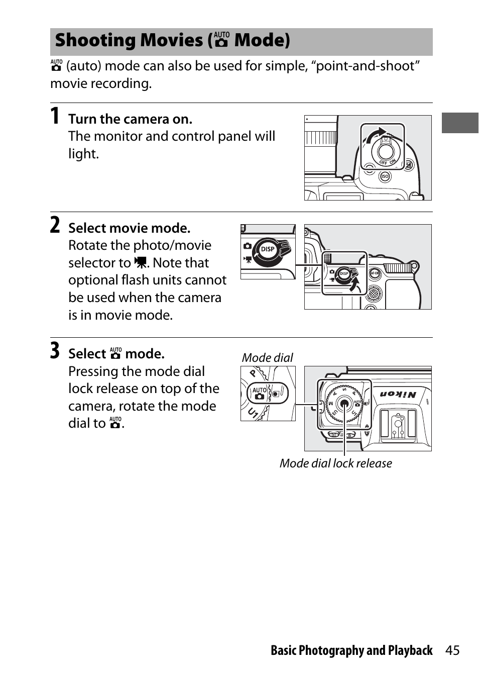 Shooting movies (auto mode), Shooting movies ( b mode) | Nikon NIKKOR Z 70-200mm f/2.8 VR S Lens User Manual | Page 69 / 272