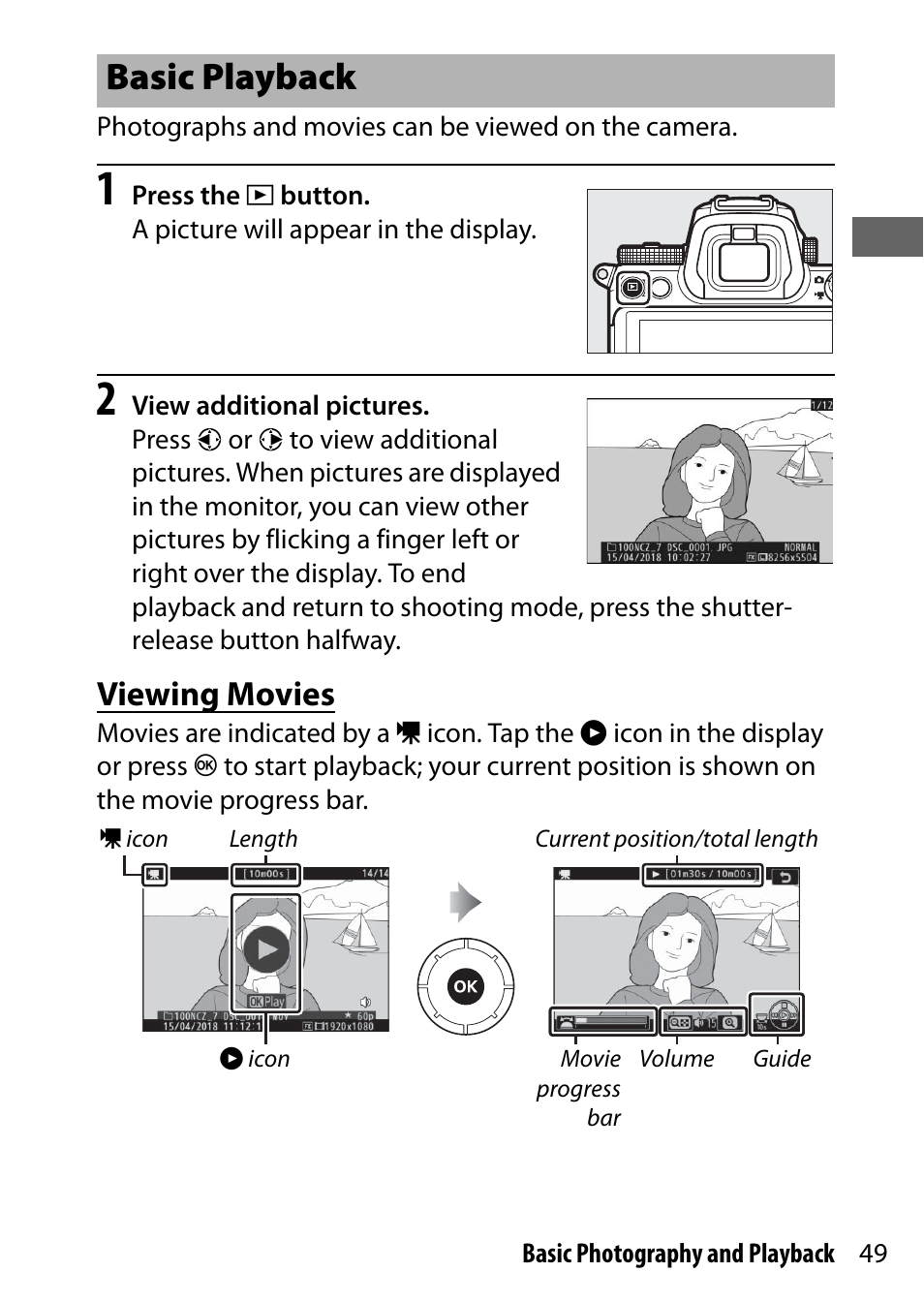 Basic playback, Viewing movies | Nikon NIKKOR Z 70-200mm f/2.8 VR S Lens User Manual | Page 73 / 272
