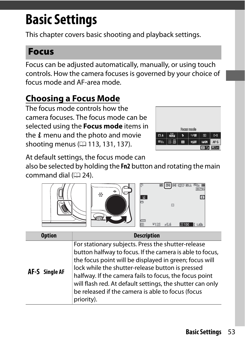 Basic settings, Focus, Choosing a focus mode | Nikon NIKKOR Z 70-200mm f/2.8 VR S Lens User Manual | Page 77 / 272