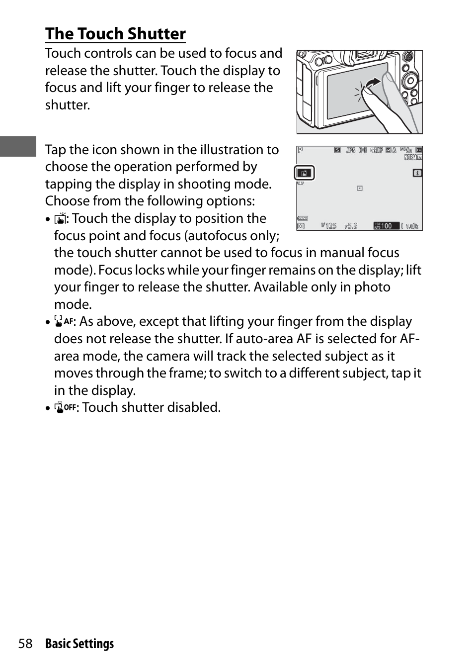 The touch shutter | Nikon NIKKOR Z 70-200mm f/2.8 VR S Lens User Manual | Page 82 / 272