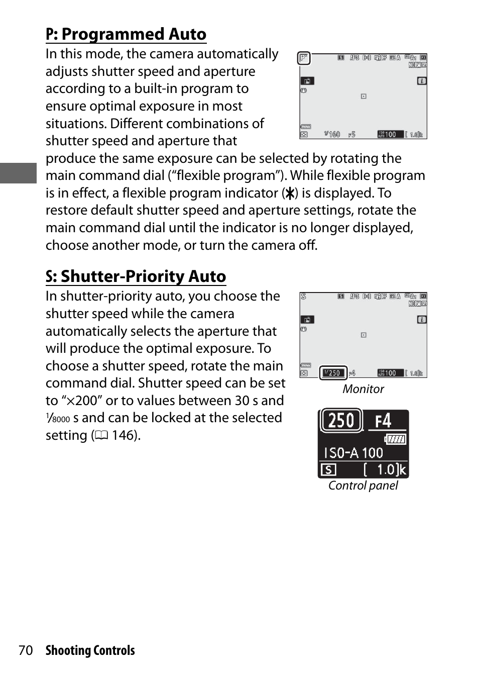 P: programmed auto, S: shutter-priority auto | Nikon NIKKOR Z 70-200mm f/2.8 VR S Lens User Manual | Page 94 / 272