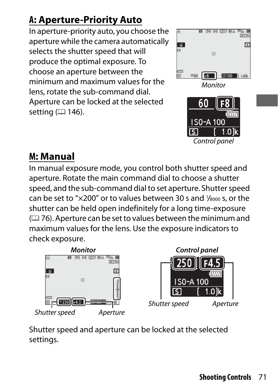 A: aperture-priority auto, M: manual | Nikon NIKKOR Z 70-200mm f/2.8 VR S Lens User Manual | Page 95 / 272