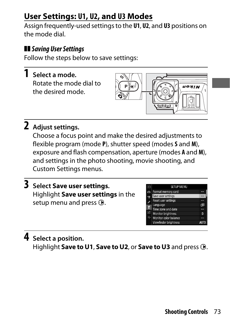 User settings: u1, u2, and u3 modes | Nikon NIKKOR Z 70-200mm f/2.8 VR S Lens User Manual | Page 97 / 272